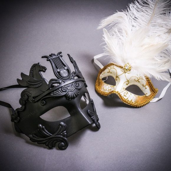 Black Venetian Pegasus w/ White Feather Gold Masquerade Couple's Party Masks - Picture 1 of 1